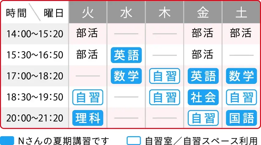 中学2年生Nさんの1週間のスケジュール例